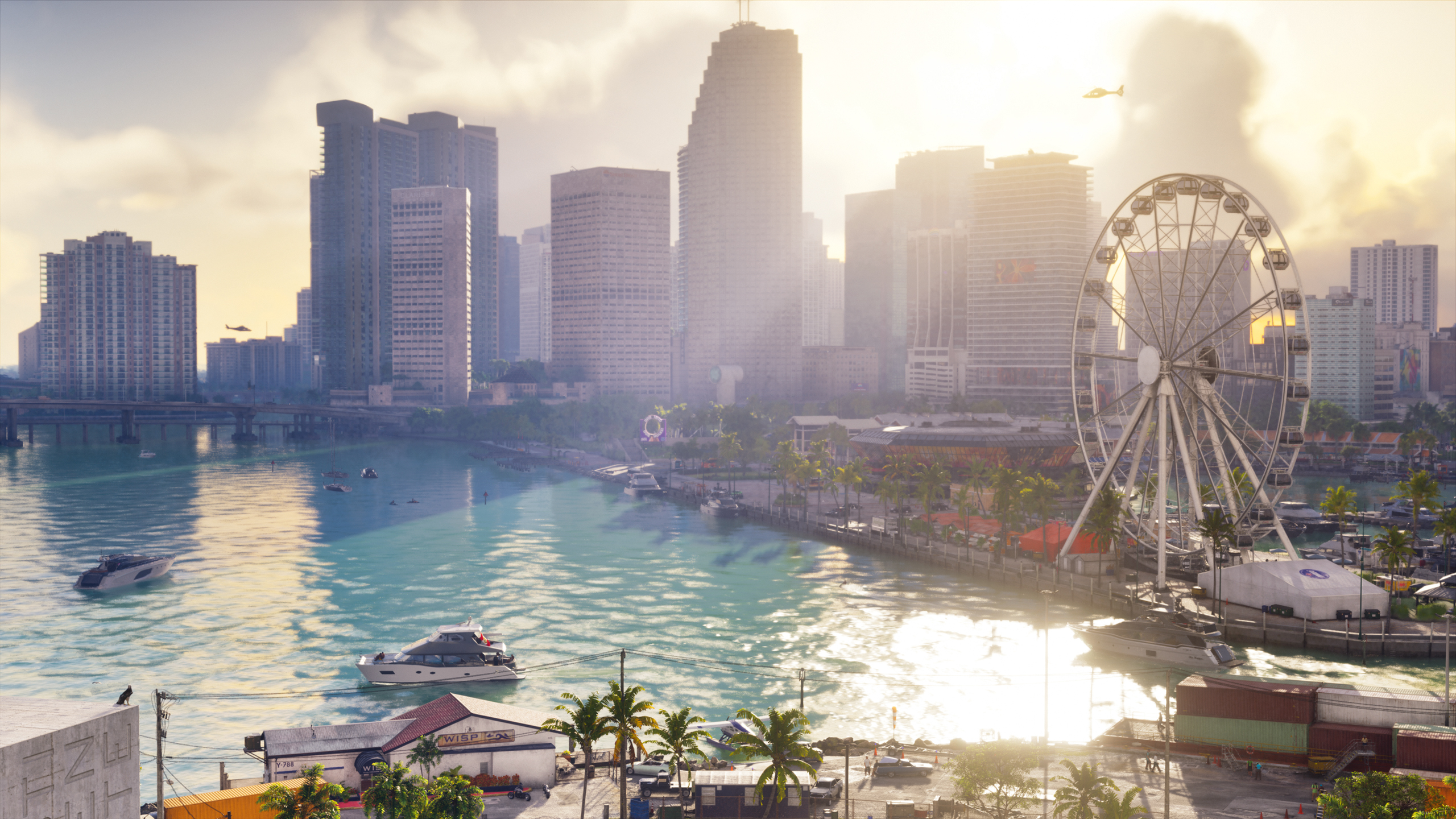 Vice City in GTA 6 met hoogbouw, boten en een reuzenrad aan het zonnige water